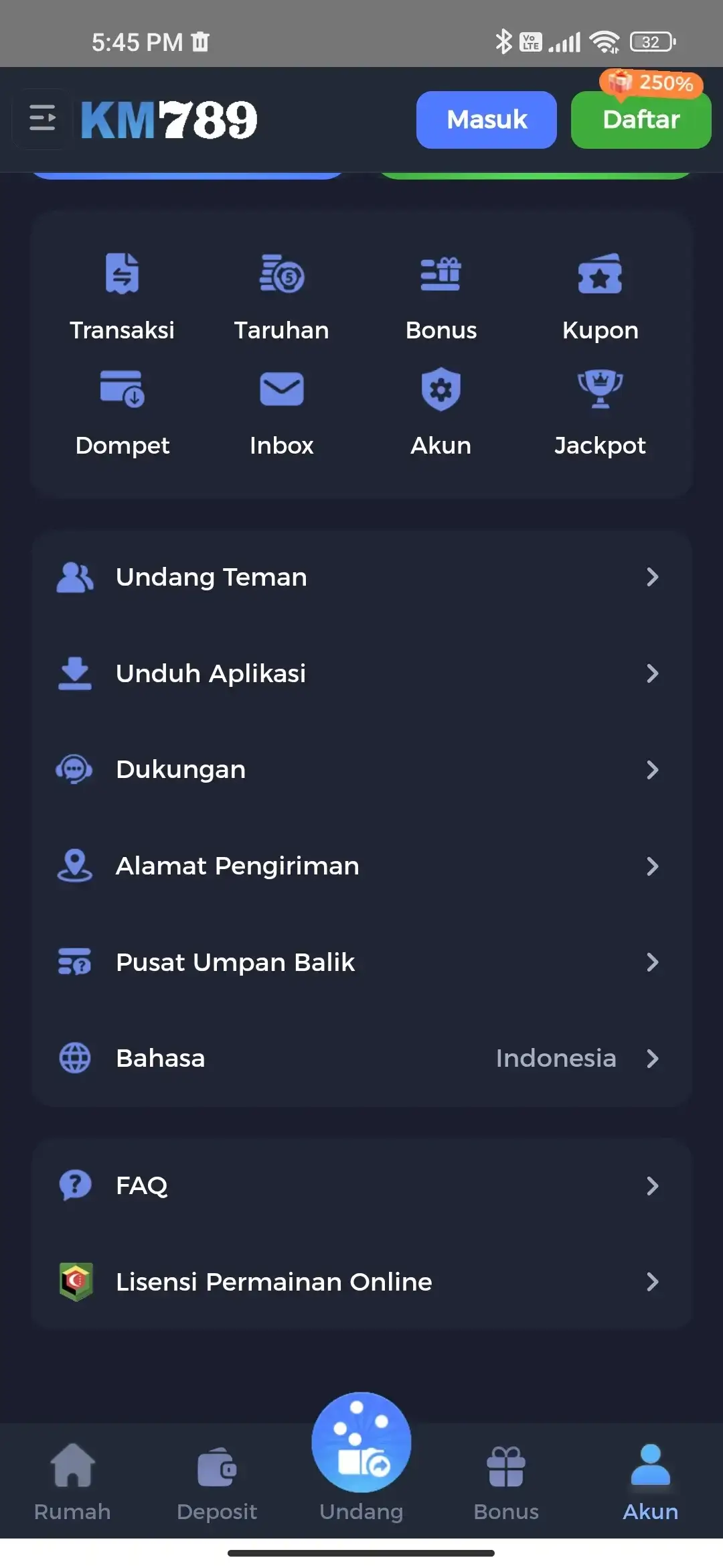 KM789 APK tampilan halaman akun pengguna