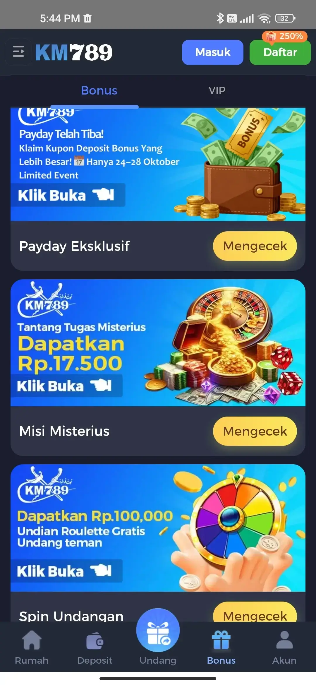 KM789 APK tampilan halaman bonus dan promosi